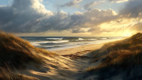 Dramatic sunset seascape framed by windswept sand dunes.