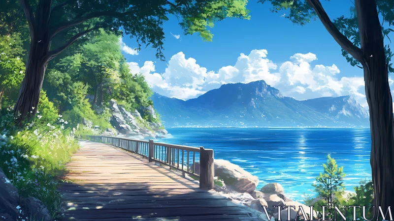 Lakeside wooden path curves under trees beside bright mountains