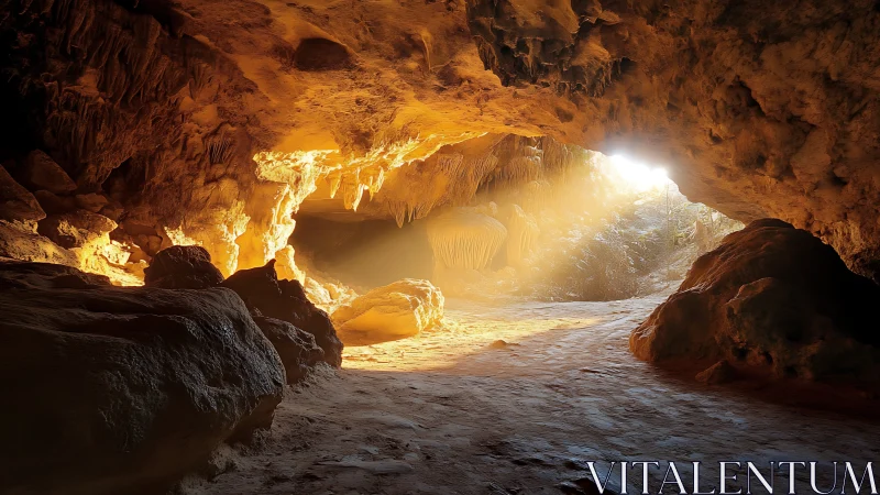 Sunlit cavern interior reveals stratified rock and dust-laden air