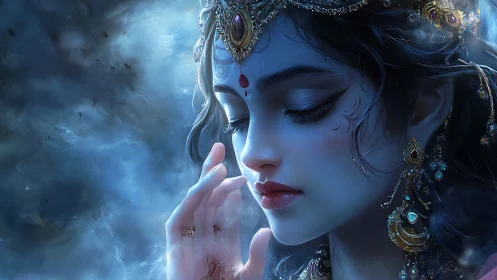 Luminous celestial portrait with jeweled headdress and misted aura.