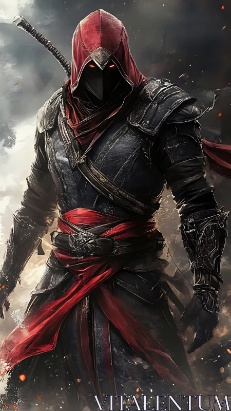 Hooded armored figure with sword in smoky battlefield setting.