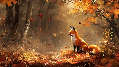 Autumn red fox in luminous deciduous forest with falling leaves