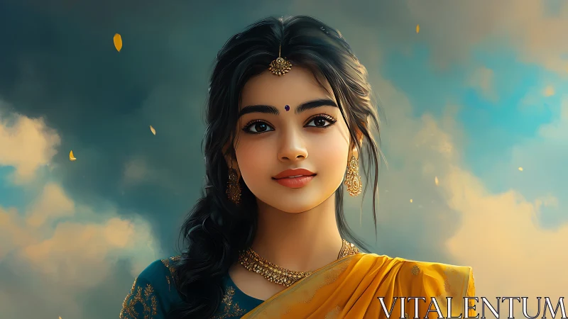 Elegant Indian woman in traditional attire, dreamy digital art.
