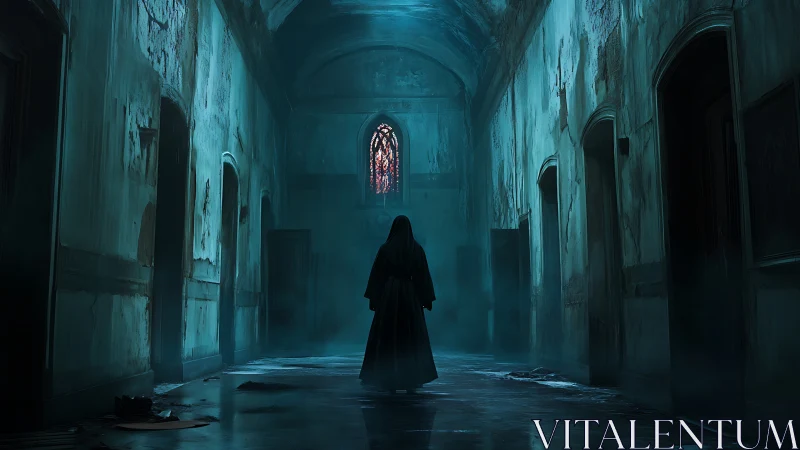 Shrouded figure bargains with shadows in a drowned corridor