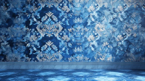 Blue ornamental wall and reflective floor form interior backdrop