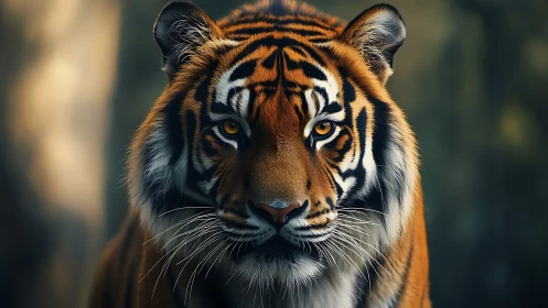 Golden-eyed tiger gazes calmly with quiet woodland strength