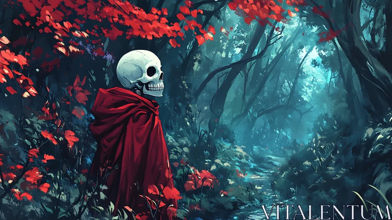 Skeletal wanderer in crimson cloak crossing chromatic forest.