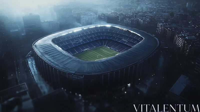 Floodlit football stadium in dense misty urban nightscape