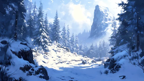 Snow covered conifer forest surrounds sunlit mountain ravine