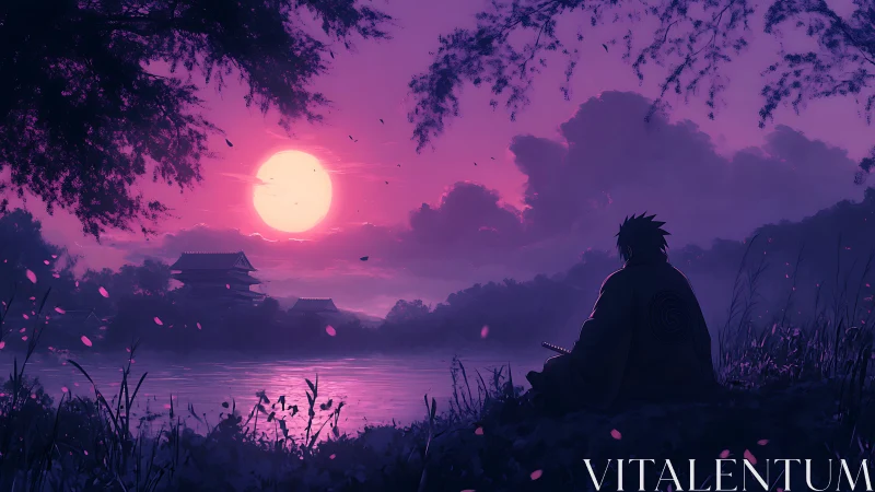 Samurai silhouette by river under large violet sunset sky.