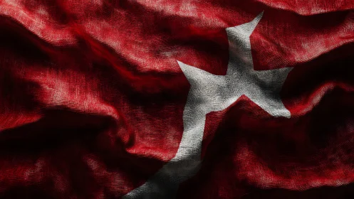 Textured red flag with abstract white cross shape.