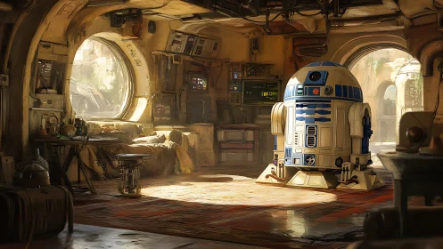Lone astromech waits in a sunlit, sandworn starship hideout.