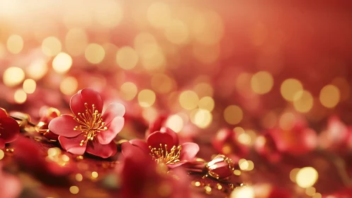 Red Flowering Blossoms with Golden Stamens in Soft Bokeh Environment