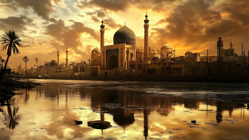 Golden riverside mosque skyline glows under dramatic sunset