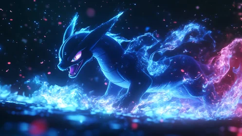 Bioluminescent dragon form advances through dual colored flames