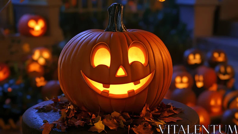 Glowing jack-o’-lantern rendered with warm cinematic lighting