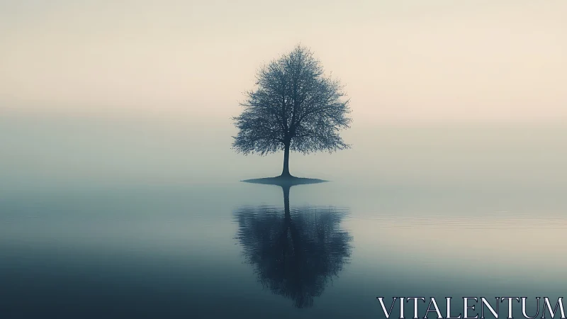 Solitary lakeside tree mirrored in tranquil misty water.