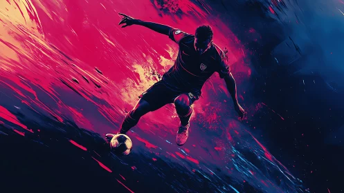 Dynamic soccer player explodes through neon storm of color