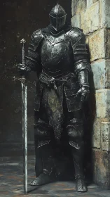 Heavily patinated gothic knight in full plate harness.