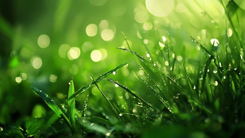 Morning dew on bright green grass in soft sunlight.