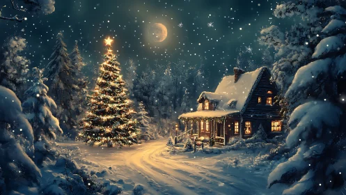 Snow-covered cabin and illuminated tree in nocturnal forest.