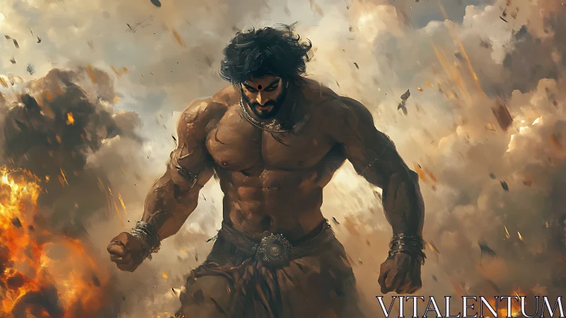 Storm-walking demigod strides through collapsing firestorm.