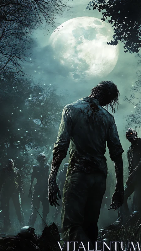 Zombie horde advances through moonlit forest clearing at night