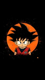 Serious anime boy in red gi against bold orange circle