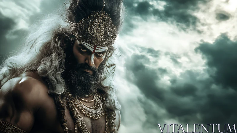 Storm-lit warrior sage glares defiantly against dark skies