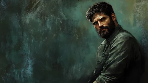 Brooding wanderer framed in storm-swept teal shadows.