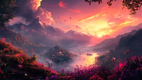 Sunset kingdom cradled in enchanted mountain bloomscape.