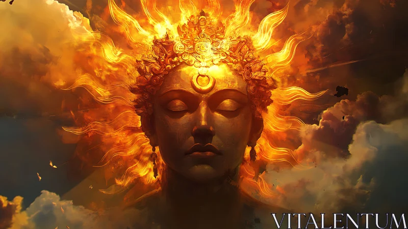 Solar crowned deity drifts in clouds of molten twilight