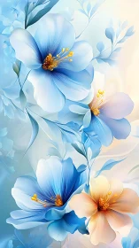 Blue gradient flowers with golden stamens rendered in digital illustration