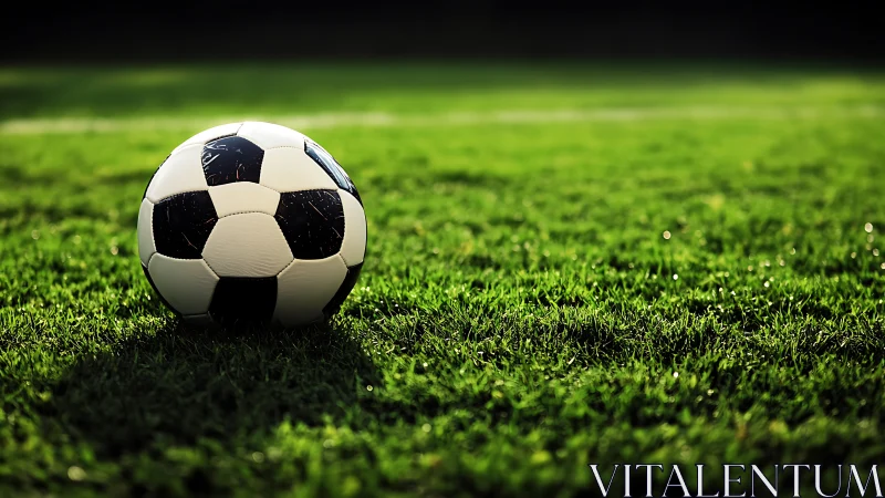 Sunlit soccer ball resting on fresh green field of dreams.