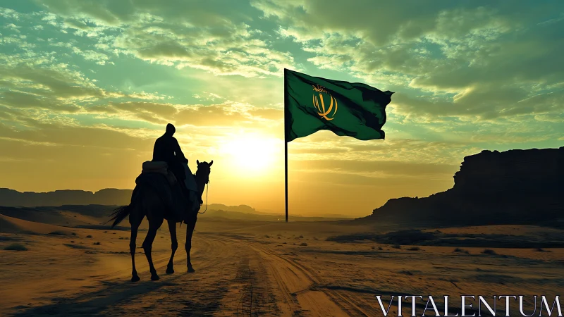 Desert rider approaches towering green flag at sunset.
