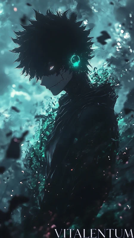 Shadowed hero stands within swirling teal cosmic energy