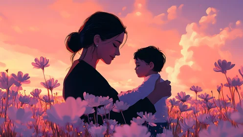 Mother and child in blooming field at sunset
