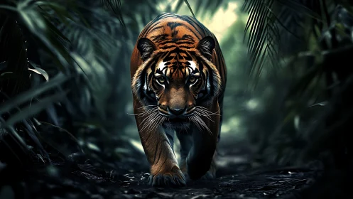 Predatory tiger stalks shadowed jungle path at twilight.