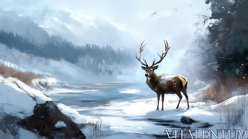 Majestic stag pauses beside a frozen river in winter silence.