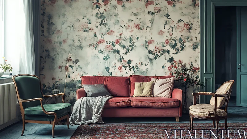 Cozy vintage sitting room with a rosy sofa and soft florals.