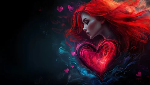 Woman with Flowing Red Hair and Glowing Red Heart Against Dark Background