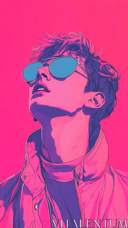 Neon duotone portrait with reflective eyewear and stylized lines.