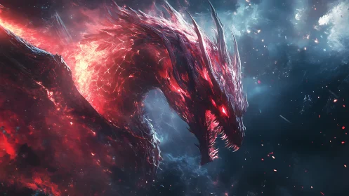 Cosmic inferno dragon erupts through dark nebula sky