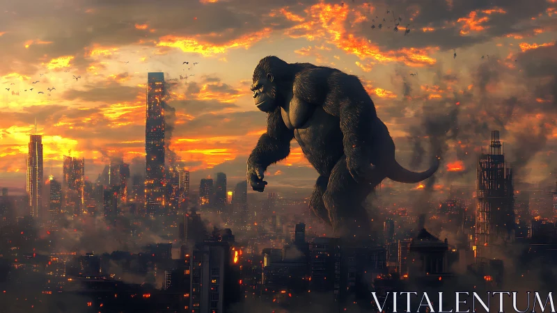 Gentle giant gorilla crossing a smoky, sunset cityscape.