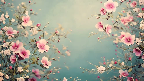 Delicate Pink Flowers Floating in Soft Turquoise Air