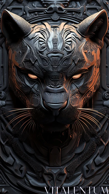 Metallic panther relief with intricate ornamental armor.
