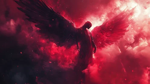 Winged humanoid silhouette descends through dense red clouds