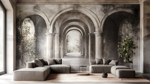 Modern neutral lounge integrates grand monochrome arch mural