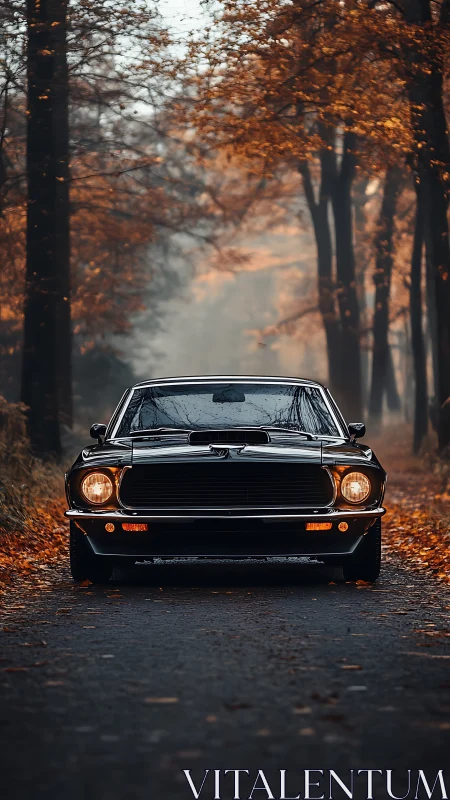 Photorealistic muscle car portrait in autumn forest aisle.