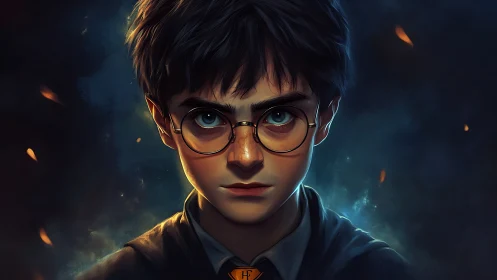 Young wizard framed by embers and quiet midnight magic.